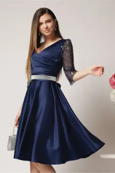 Rochie Ella Collection Adria eleganta din tafta bleumarin cu cordon in talie imagine