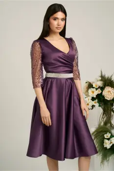 Rochie Ella Collection Adria eleganta din tafta mov cu cordon in talie imagine