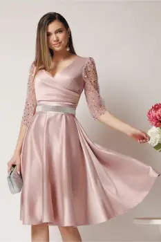 Rochie Ella Collection Adria eleganta din tafta roz cu cordon in talie imagine