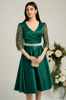 Rochie Ella Collection Adria eleganta din tafta verde cu cordon in talie imagine