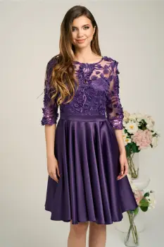 Rochie Ella Collection Ana eleganta din tafta mov cu broderie florala 3D la bust imagine