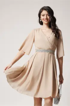 Rochie Ella Collection Ania eleganta din voal bej cu fir lurex si cordon in talie imagine