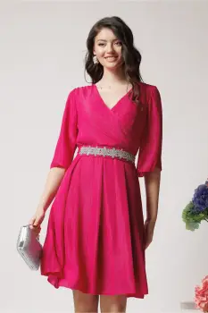 Rochie Ella Collection Ania eleganta din voal fucsia cu fir lurex si cordon in talie imagine