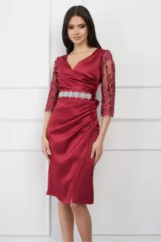 Rochie Ella Collection Atena bordo cu maneci din dantela si cordon in talie imagine