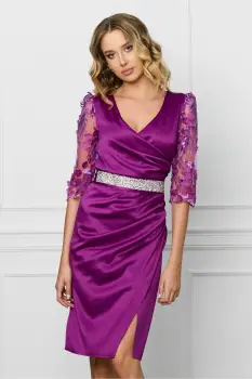 Rochie Ella Collection Atena magenta cu maneci din dantela si cordon in talie imagine