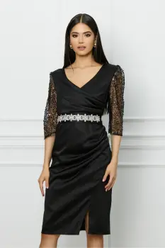 Rochie Ella Collection Atena neagra cu maneci din dantela si cordon in talie imagine