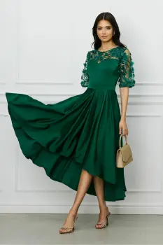 Rochie Ella Collection Brinda eleganta din tafta verde pin cu broderie 3D imagine