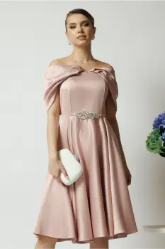 Rochie Ella Collection Jolie eleganta din tafta roz cu accesoriu metalic in talie imagine