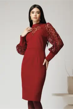 Rochie Ella Collection Kira eleganta din stofa burgundy cu detalii catifelate pe maneci imagine
