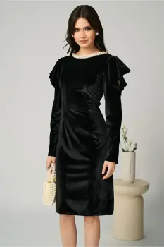 Rochie Ella Collection Linda eleganta din catifea neagra cu perle la decolteu imagine