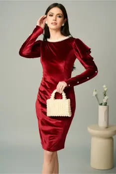 Rochie Ella Collection Linda eleganta din catifea rosie cu perle la decolteu imagine