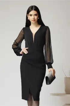 Rochie Ella Collection Nora eleganta din stofa neagra cu maneci din tull si lurex imagine