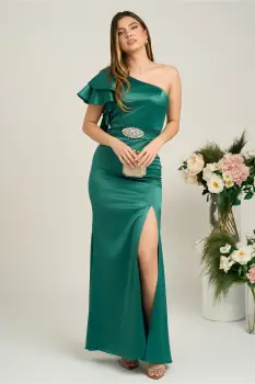 Rochie Ella Collection Zara lunga eleganta din tafta verde cu un umar gol imagine