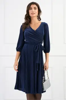 Rochie Ella Collection Zora eleganta din catifea bleumarin cu model zig-zag si cordon in talie imagine
