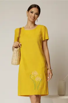 Rochie galbena din in cu flori brodate si croi drept imagine