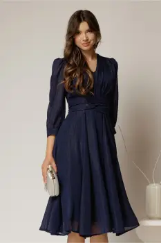 Rochie Gina midi bleumarin din voal cu fir lurex in clos imagine