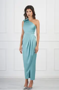 Rochie Ginette verde mint cu floare pe umar si strasuri in talie imagine