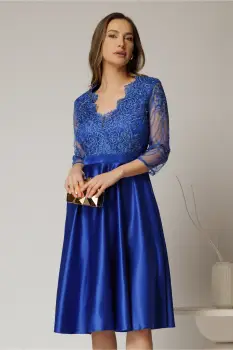 Rochie Inna midi albastra din tafta in clos cu dantela la bust imagine