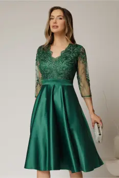 Rochie Inna midi verde din tafta in clos cu dantela la bust imagine