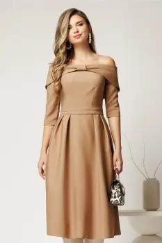 Rochie Irene midi bej in clos cu umerii goi si funda la bust imagine