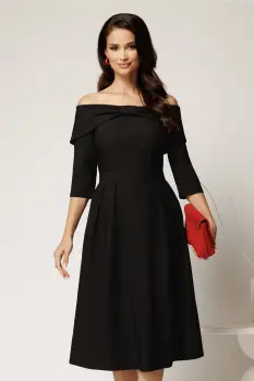 Rochie Irene midi neagra in clos cu umerii goi si funda la bust imagine
