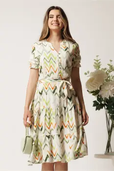 Rochie ivory cu print zig-zag verde in clos cu cordon in talie imagine