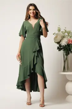 Rochie kaki lunga din voal in clos cu volan si crapatura pe fusta imagine