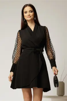 Rochie Kim neagra petrecuta cu maneci cu buline catifelate imagine