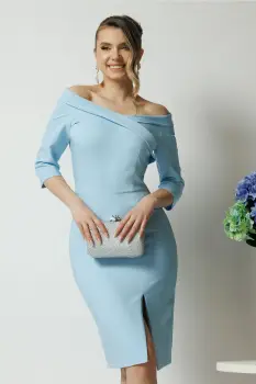 Rochie La Donna de ocazie din stofa bleu conica cu decolteu barcuta imagine