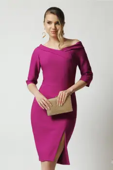Rochie La Donna de ocazie din stofa magenta conica cu decolteu barcuta imagine