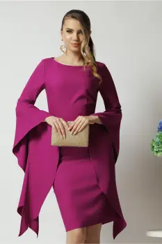 Rochie LaDonna de ocazie din stofa magenta cu maneci maxi evazate imagine