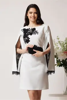 Rochie LaDonna eleganta din stofa alba cu dantela chantilly neagra la maneci si pe bust imagine
