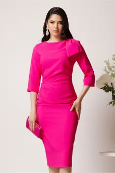 Rochie LaDonna eleganta din stofa fucsia cu funda maxi pe umar si fronseu in talie imagine