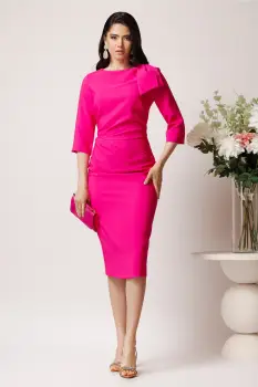 Rochie LaDonna eleganta din stofa fucsia cu funda maxi pe umar si fronseu in talie imagine