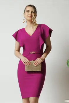 Rochie LaDonna eleganta din stofa magenta cu accesoriu in talie si volane imagine
