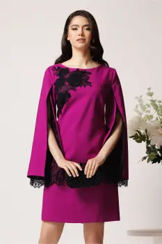 Rochie LaDonna eleganta din stofa magenta cu dantela chantilly la maneci si pe bust imagine