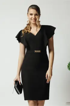 Rochie LaDonna eleganta din stofa neagra cu accesoriu in talie si volane imagine