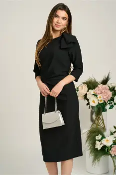Rochie LaDonna eleganta din stofa neagra cu funda maxi pe umar si fronseu in talie imagine