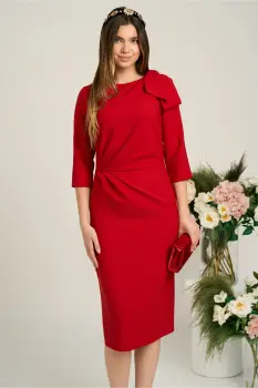 Rochie LaDonna eleganta din stofa rosie cu funda maxi pe umar si fronseu in talie imagine