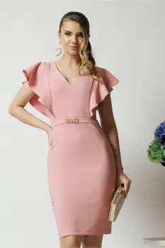 Rochie LaDonna eleganta din stofa roz cu accesoriu in talie si volane imagine
