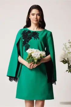 Rochie LaDonna eleganta din stofa verde cu dantela chantilly la maneci si pe bust imagine