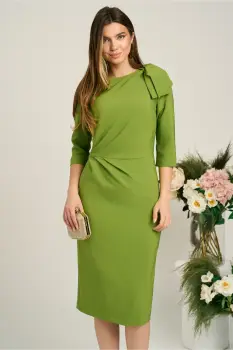 Rochie LaDonna eleganta din stofa verde cu funda maxi pe umar si fronseu in talie imagine