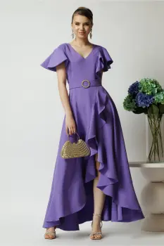 Rochie LaDonna lunga de ocazie din stofa lila cu volane si cordon in talie imagine