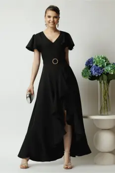 Rochie LaDonna lunga de ocazie din stofa neagra cu volane si cordon in talie imagine