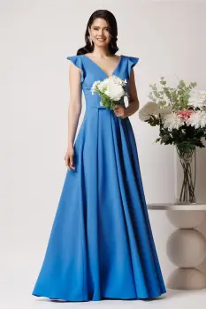 Rochie LaDonna lunga din stofa bleu cu funda in talie imagine