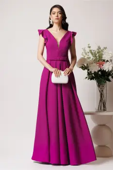 Rochie LaDonna lunga din stofa magenta cu funda in talie imagine