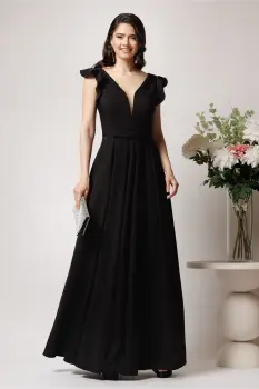 Rochie LaDonna lunga din stofa neagra cu funda in talie imagine