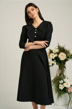 Rochie LaDonna neagra clos de ocazie cu guler maxi si nasturi perluta imagine