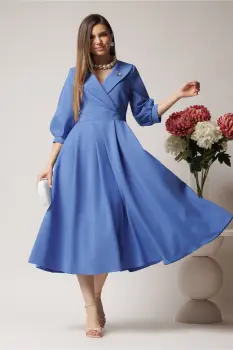 Rochie LaDonna office din stofa bleu cu bust petrecut si rever imagine