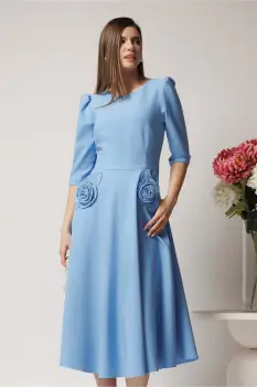 Rochie LaDonna office din stofa bleu cu flori maxi pe buzunare imagine